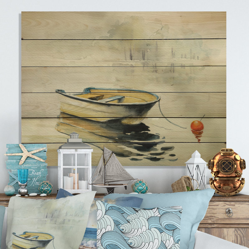 Bateau de pêche, lac dans une rivière - peinture sur bois sans cadre, H 30 po x l 40 po x P 1 po