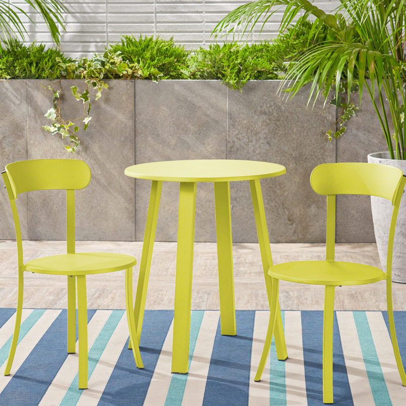 Outdoor Bistro In Lime Matte, Powder-Coated Iron, Fashionable Dining Iron , Matte Hue, For Use, 2 Chairs & 1 Table