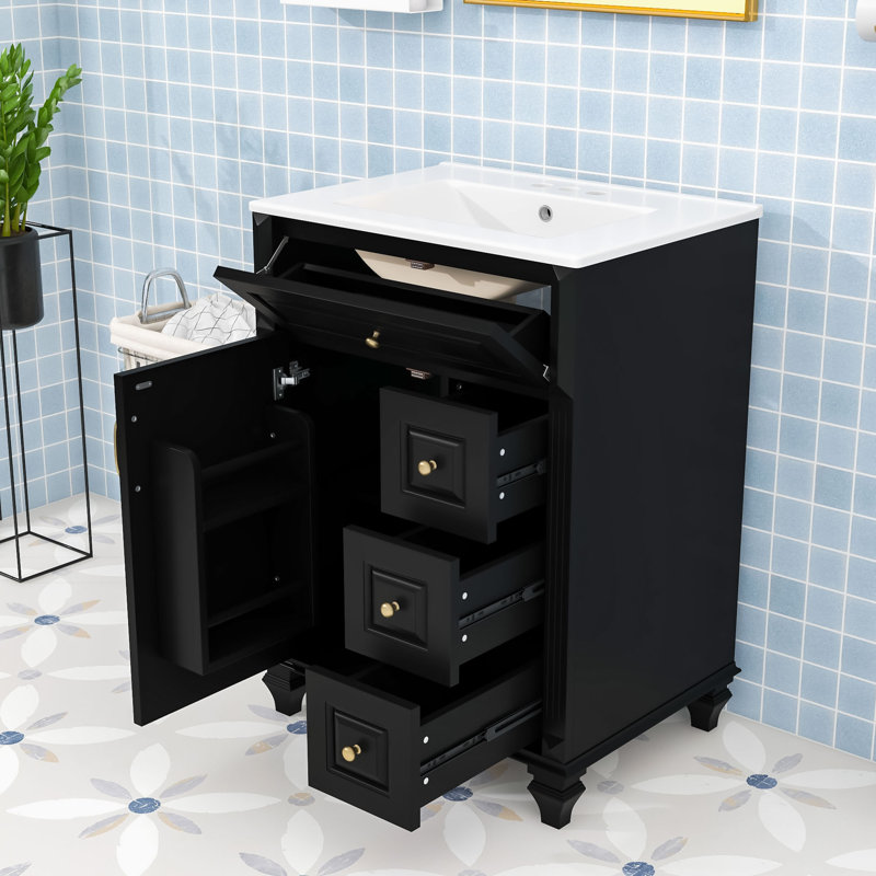 Meuble-lavabo autoportant élégant avec rangement intelligent et lavabo, Noir