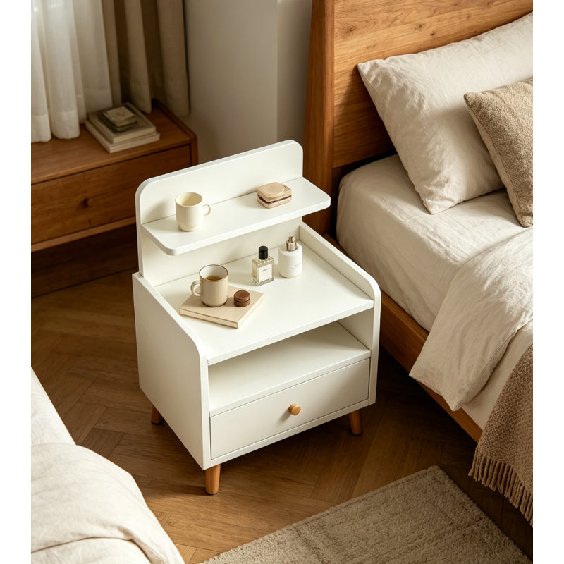 Table de chevet compacte et moderne blanche, 15 × 13 × 27 pouces, table de chevet à plusieurs niveaux avec tiroir et étagères de rangement ouvertes, table d'appoint peu encombrante pour les petites chambres
