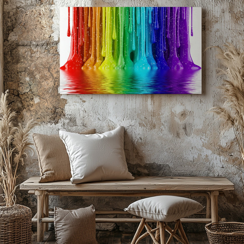 Toile, composition verticale vibrante avec des gouttes en cascade de peinture murale multicolore brillante dans un dégradé lisse de l'art mural sur toile