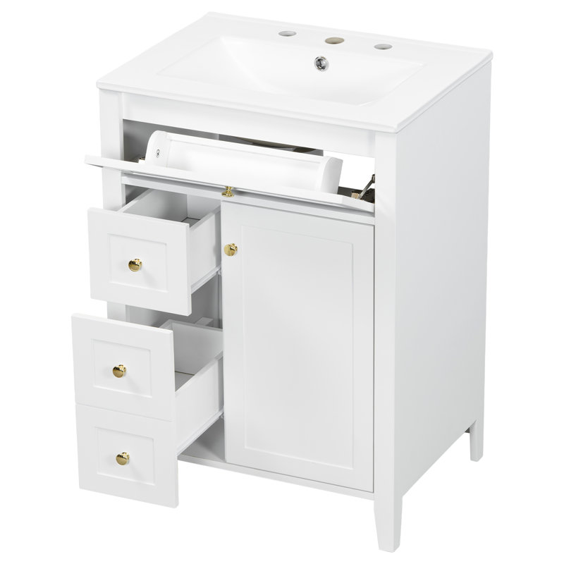 Meuble-lavabo moderne blanc 24 po avec lavabo en céramique et portes à fermeture en douceur Elena, Blanc