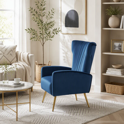 Velvet Accent Chair with Metal Legs, Modern Upholstered Armchair, Wingback Side Chair for Living Room Bedroom Small Spaces