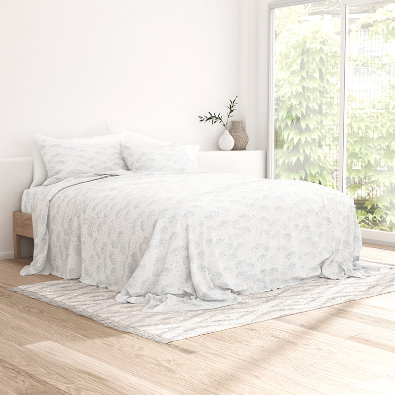 Sheet Set 100% Cotton Patterned Flannel Super Soft Bedding, Light Blue Flower Bunch