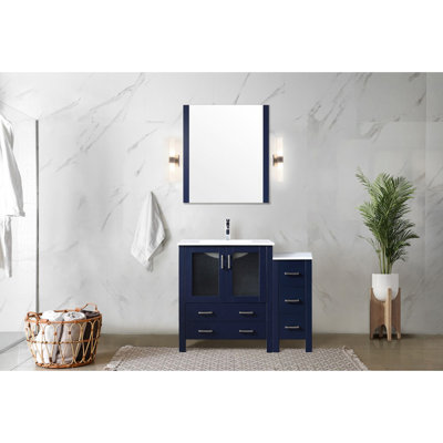 42 po Meuble-lavabo bleu marine W pour salle de bain avec armoire latérale, robinet et miroir 28 po, comptoir en céramique blanche - robinet de baignoire propriété, miroir long mural