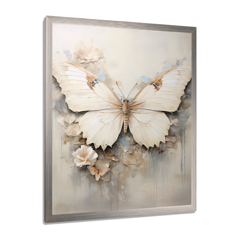 Minimalisme, papillon beige - art mural papillon, H 20 po x l 12 po x P 1 po, Cadre simple argenté