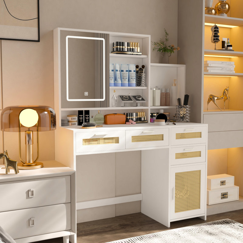 Makeup Vanity With 3 Color Switchable Lights & Openable Mirror, 4 Drawers, 1 Cabinet, White , Bedroom Essential Featuring Colors Drawers Cabinet Desk For Bedroom,