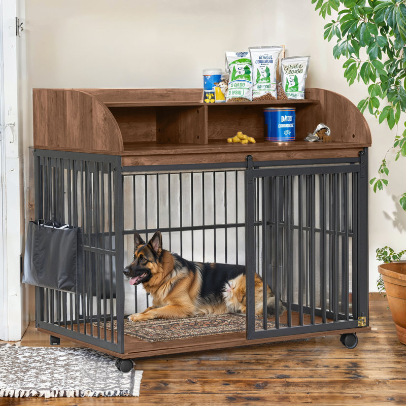 Versatile Heavy Duty Dog Crate with Lockable Wheels and Double Layer Storage