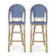 Tabouret de bar 29,5 po en rotin français d'extérieur, bleu sarcelle foncé et blanc, structure en aluminium avec finition en bambou (ensemble de 2)-1103060827