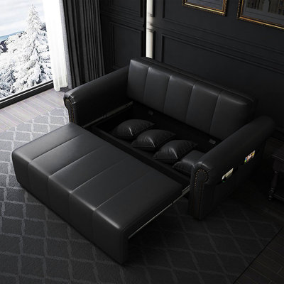 51.18"Black Modern Oil Wax Leather Sofa Bed