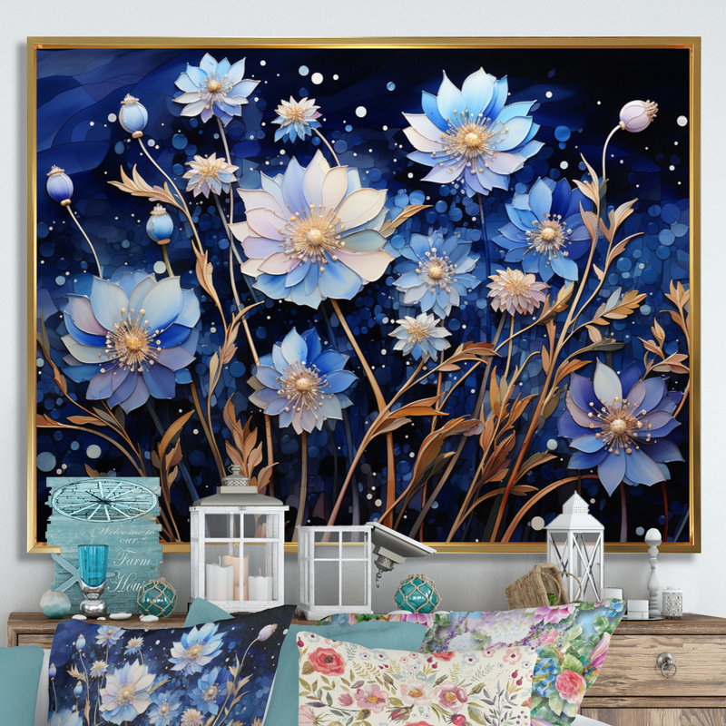 Blue Charm Cornflowers Pointillism II, reproduction d'art sur toile, Cadre flottant doré, H 34 po x l 44 po x P 1,5 po