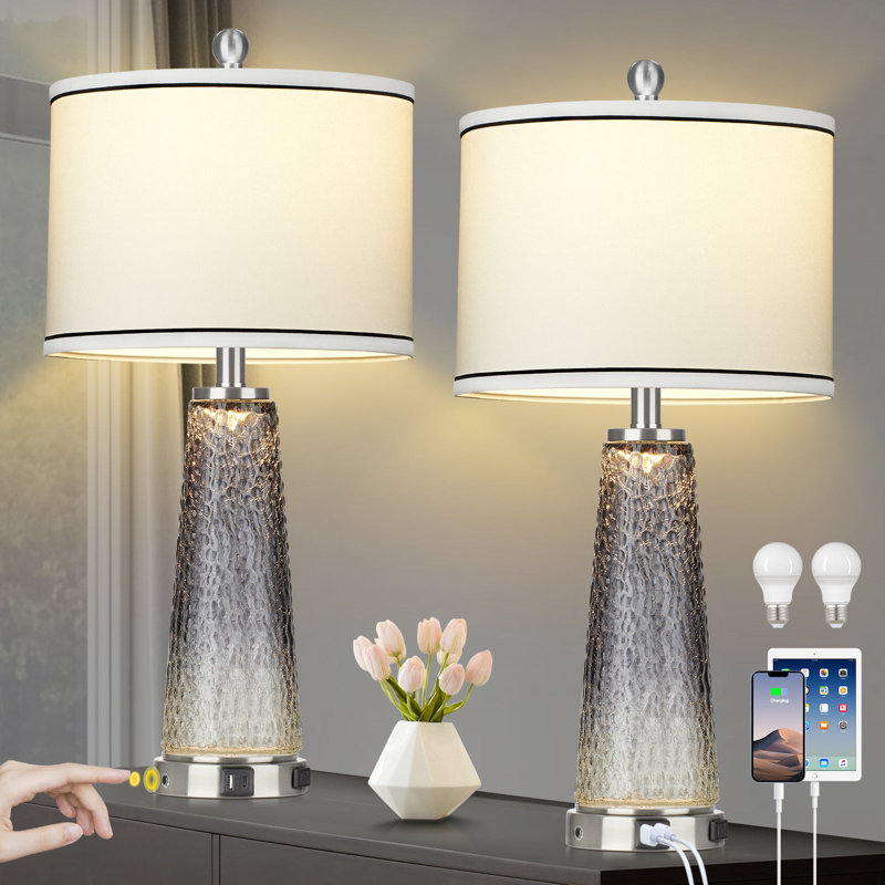 Taifa Glass Table Lamp with Nightlight and USB Charging Ports AC Outlet, Gray