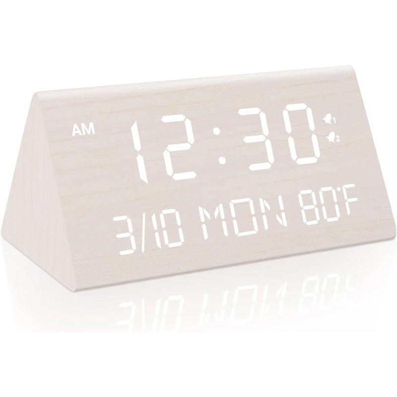 Wooden Digital Alarm Clock, 0-100% Dimmer(White), White