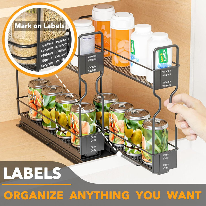Heavy Duty Black Steel Pull Out Spice Rack Organizer with Labels