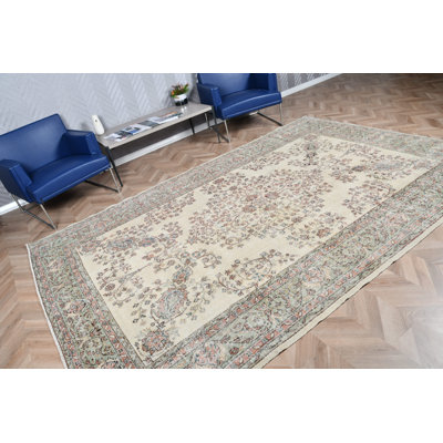 Vintage Turkish Area Rug With Elegant Floral Design In Soft Ivory And Sage Tones For Luxurious Home Decor