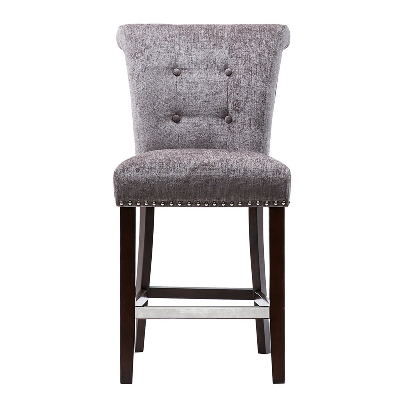 Élégant tabouret de comptoir à boutons gris avec pieds en métal chic et intérieur en mousse, Gris, Brun