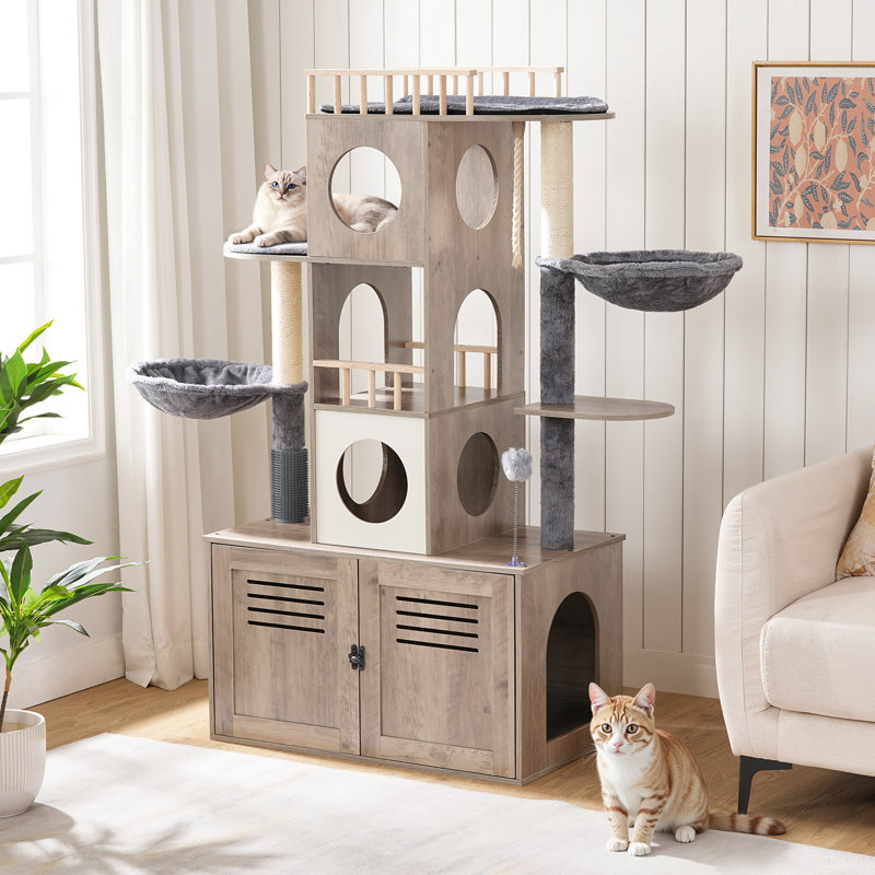 Arbre à chat avec bac à litière, tour à chat avec litière cachée, meubles pour chats d'intérieur