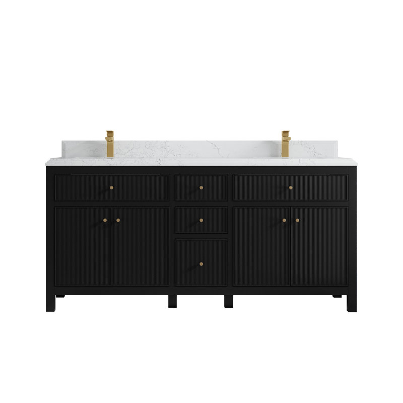 72'' Double Bathroom Vanity with Quartz Top, Black, Empira