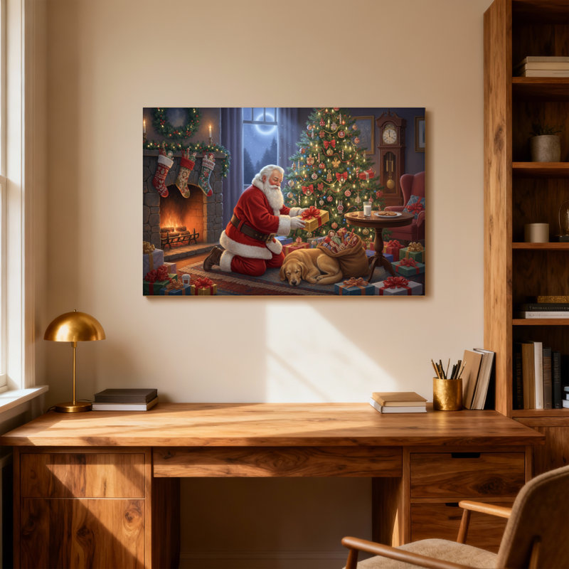 Noël, père Noël, arbre de Noël, cheminée, cadeaux pour chien, scène de nuit, H 28 po x l 40 po