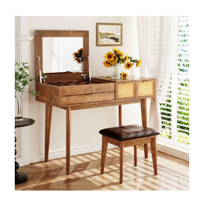 43.3" Classic Wood Makeup Vanity Set - Flip-Top Mirror & Stool, Dressing Table with 3 Drawers & Extra Storage Space