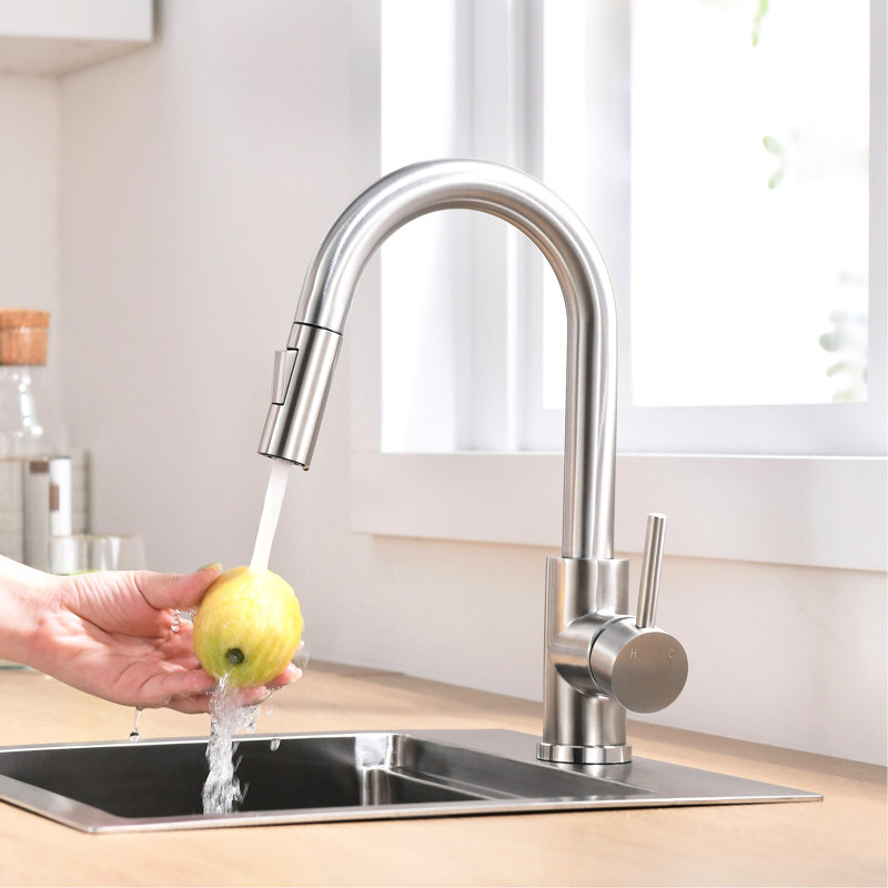 Single Handle Kitchen Faucet In Brushed Nickel, Pull Down Spray For Bathroom Sink, Modern Style Faucet, Nickel Sink Ceramic Filler Classic Design