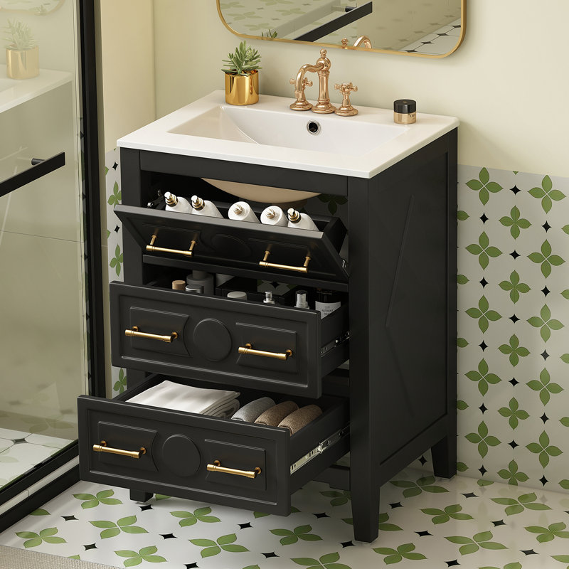 Ensemble de meuble-lavabo sur pied 24 po avec lavabo en céramique, ensemble de meuble-lavabo simple autoportant avec 3 tiroirs et cadre en bois massif