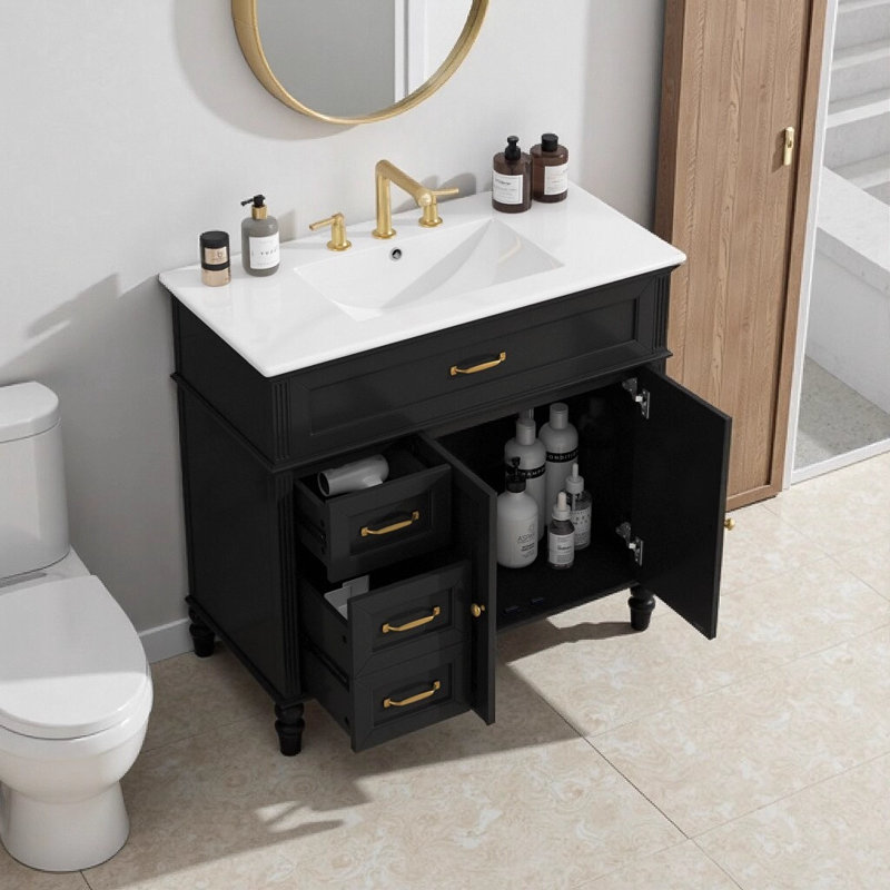 Meuble-lavabo noir 36 po avec lavabo, meuble autoportant moderne avec tiroirs et structure en bois massif, comptoir en céramique pour la rénovation de la salle de bain