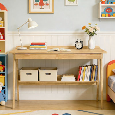 Solid Wood Writing Desk, Home Office Desk for Small Spaces, Mid Century Modern Desks with 2 Drawers and Storage Shelf, Standing Desk with Side Hooks f
