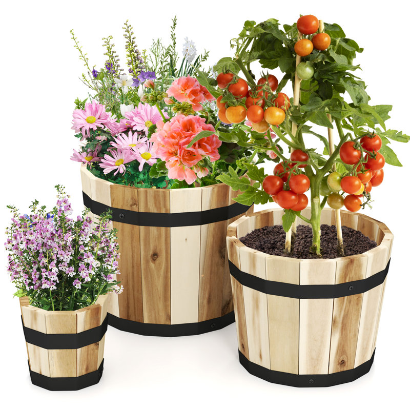 Outdoor Wooden Planter Box Set of 3 w/ Drainage Holes for Flower Herb Shrub