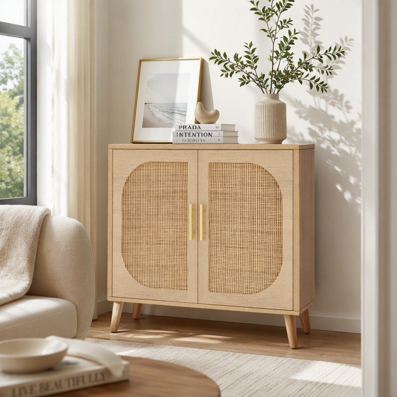 Buffet avec rangement, pieds en bois massif, 2 portes, 4 compartiments, meuble de rangement pour entrée ou salon