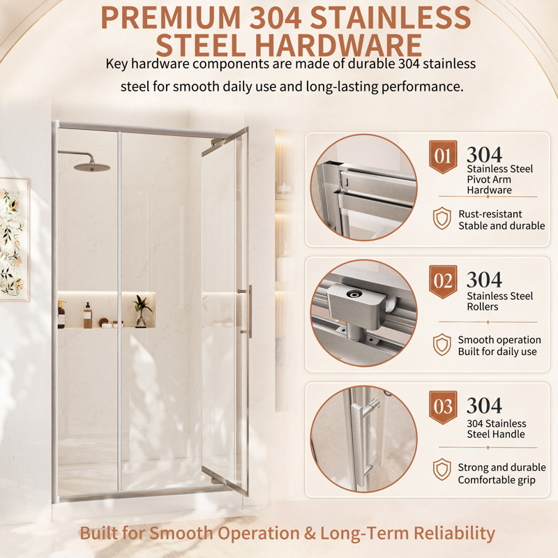 Porte de douche pivotante vers l'intérieur à faible encombrement l 40 à 42 po x H 76 po, nickel brossé, verre clair de 1/4 po.