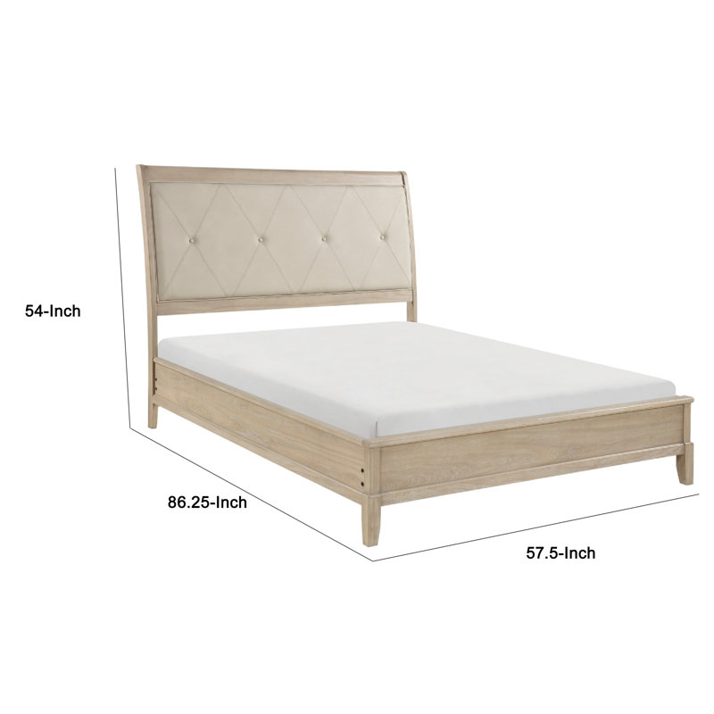Lit double Hadly, tête de lit capitonnée, revêtement en similicuir de luxe, bois beige, Lit double