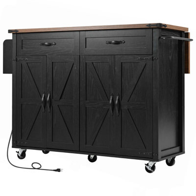 53.5" Farmhouse Kitchen Island With Power Outlet, Drop Leaf, Spice Rack & Drawer