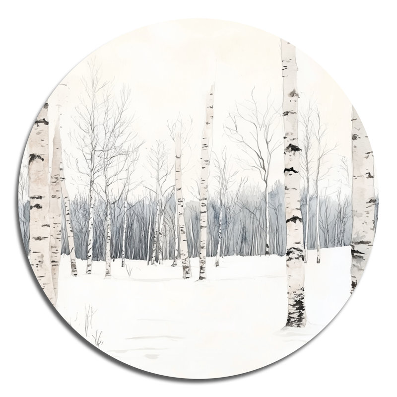 Bouleaux dans la neige - Décoration murale ronde en métal forêt, L 23 po x H 23 po