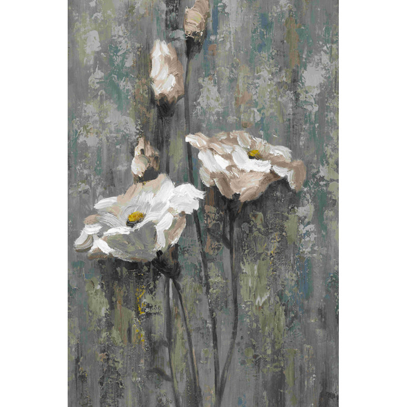 Fleurs blanches en gris, H 18 po x l 12 po