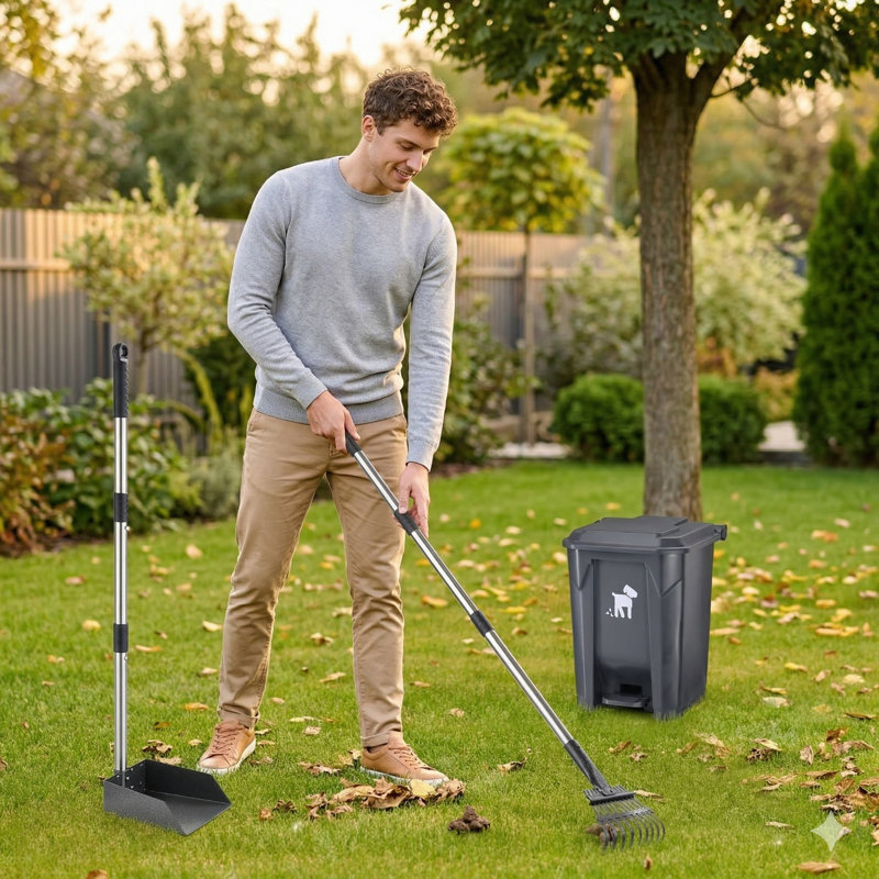 Dog Poop Trash Can Set with Removable Inner Bucket, Long-Handle Rake, 150 Waste Bags, 20L Bin for Small & Large Dog Families