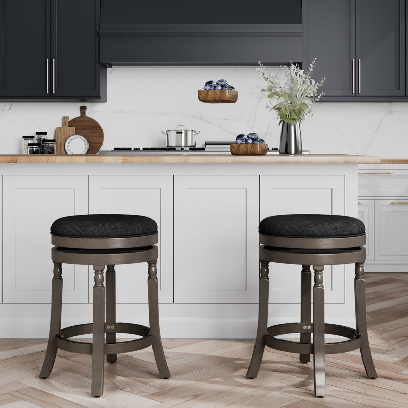 Tabouret de comptoir de 24 po avec siège en tissu gris anthracite, structure en gris patiné, structure en bois franc, tabouret pivotant, revêtement, bois massif, chaise à 360 degrés