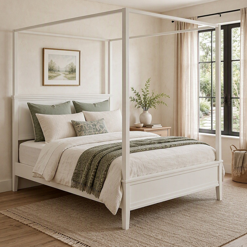 Lit plateforme à baldaquin en bois de style moderne du milieu du siècle avec tête de lit, lit à baldaquin rustique de style ferme avec pieds fuselés