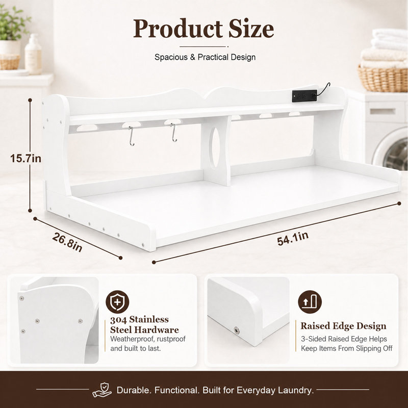 Plan de travail étanche en PEHD de 137 cm (54 po) pour laveuse et sécheuse, avec tablette de rangement à 2 niveaux, prises de courant intégrées et éclairage LED.