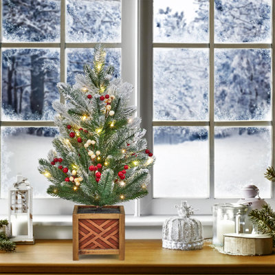 24 Inch Pre-Lit Mini Artificial Tabletop Christmas Tree, Frosted PVC Foliage with Berries, Bow, Balls & Pine Cones, Wooden Base, DIY Home & Party Holiday Decor