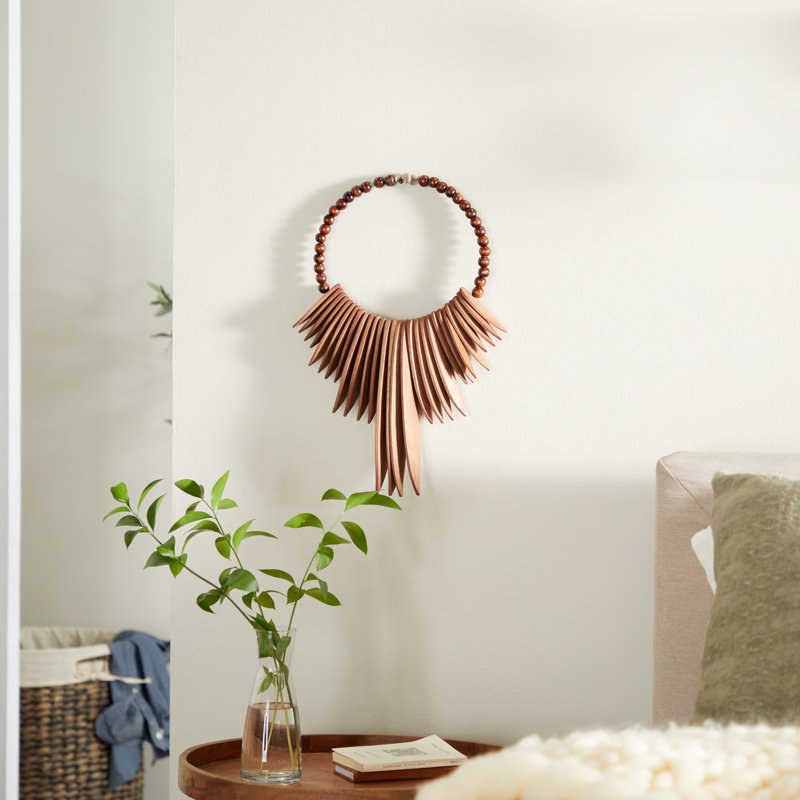 13 po x 3 po x 18 po, décoration murale de style tribal en bois brun avec collier perlé, Brun