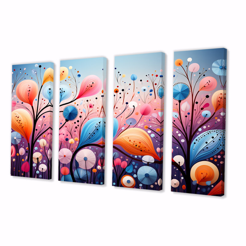 «Rose and Blue Botanical Abstracts Wonderland I», art botanique abstrait, 4 pièces, H 28 po x l 48 po