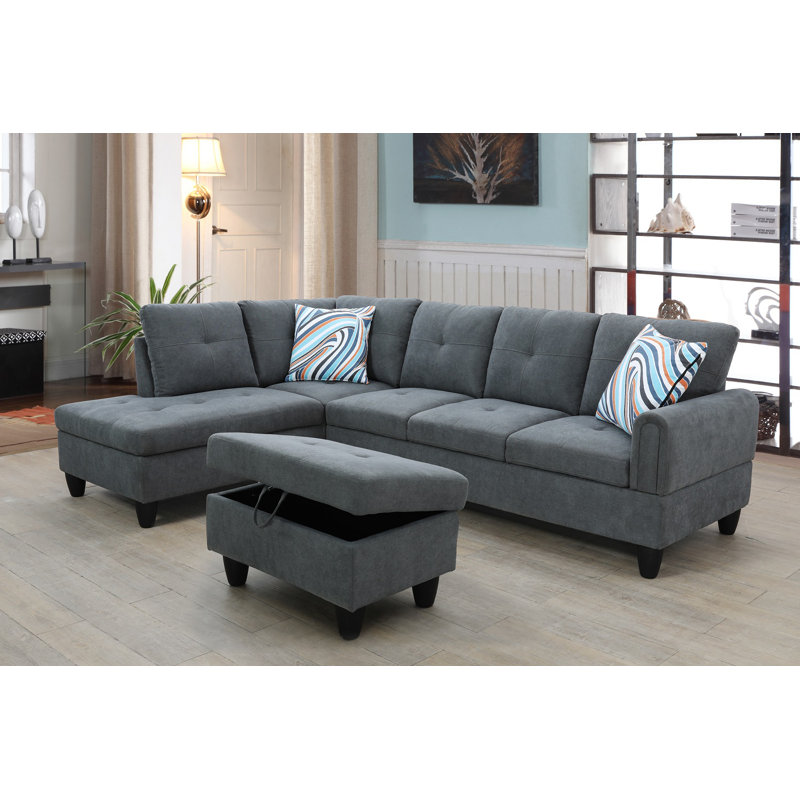 Canapé modulaire et méridienne 3 pièces avec repose-pieds Jacksmith, Face à la gauche, 100 % lin gris foncé