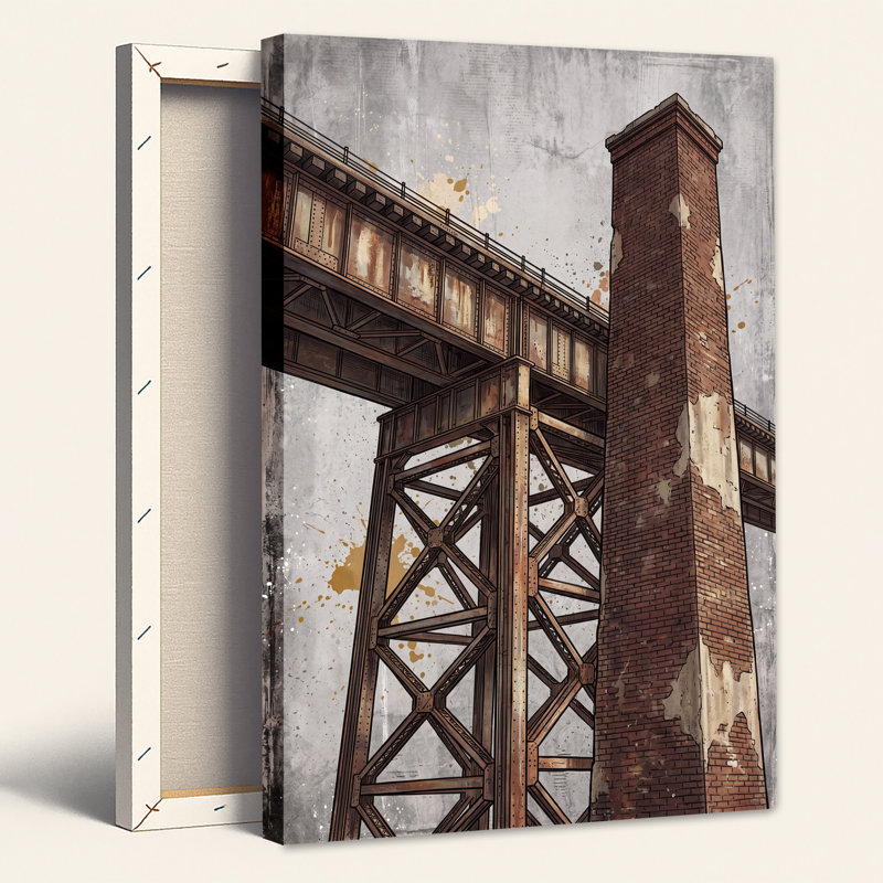 Tableau sur toile représentant une structure métallique industrielle et un haut foyer en briques, H 24 po x l 16 po