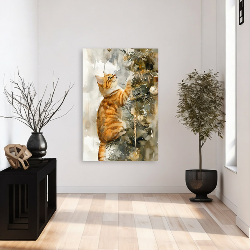 «Curious Christmas Kitten Playful Abstract Contemporary Christmas Tree Pine Tree Winter Landscape Art mural»