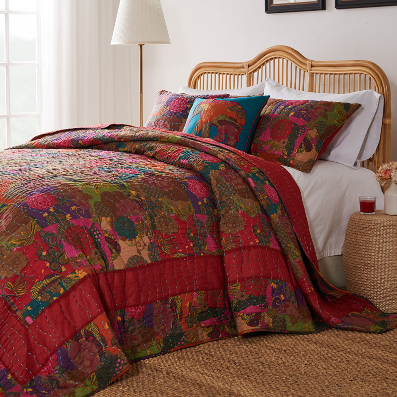 King Multicolor Cotton Reversible Floral Quilt Set