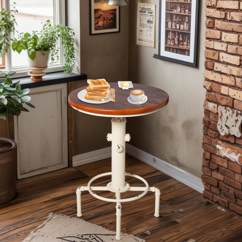 Industrial Bar Table 32.28"-36.22" Height Adjustable Swivel Round Wood Tabletop 23.62" Dia, Kitchen Dining Office Coffee Bistro Pub Table