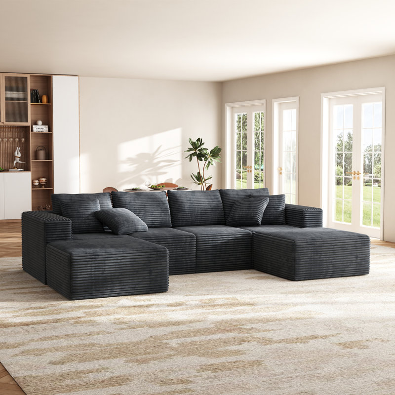 137" Comfy Cloud Couch, Modular U Shaped Sectional Sofa With Chaise And Ottoman, Deep Gray Corduroy