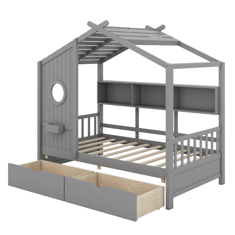 Lit simple avec tiroirs, gris