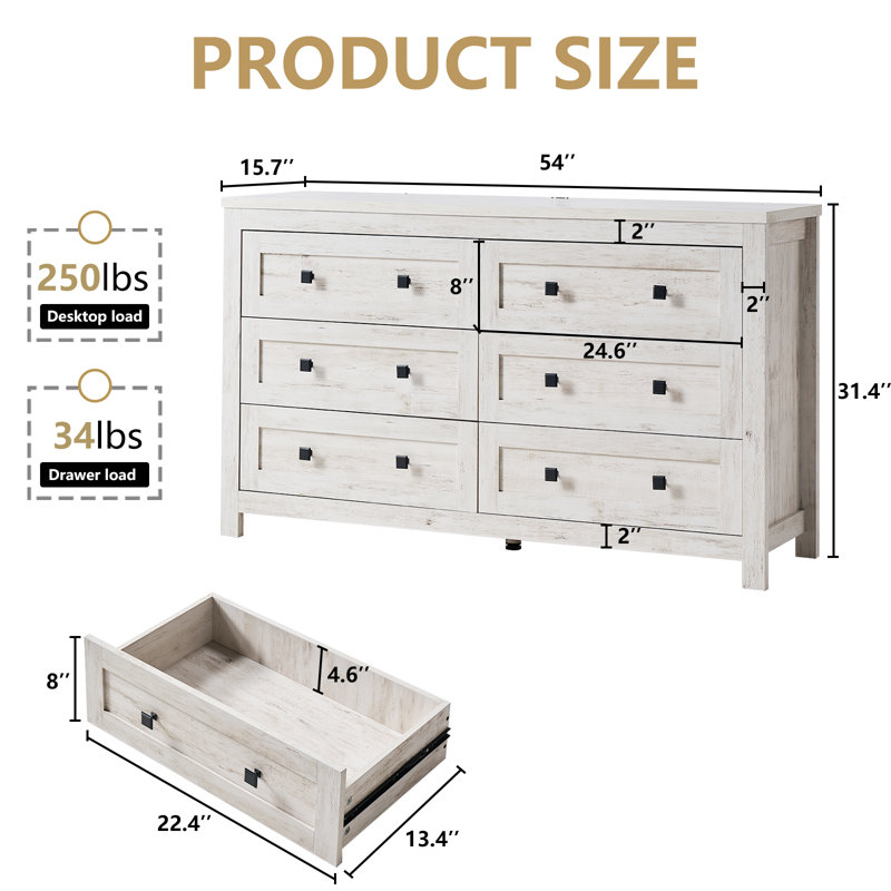 Dezia Farmhouse 6 Drawers Dresser, White Birch
